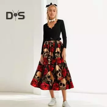 Женское платье на Хэллоуин, А-силуэт, большой качели, череп, принт, шнуровка, бант, пояс, волнистый V-образный вырез, плиссе, длинные рукава, карнавальное платье для вечеринки XXL