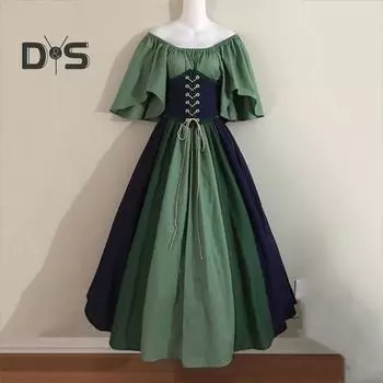 Женское платье на Хэллоуин, костюм для вечеринки на Хэллоуин, летящий рукав, трапециевидной формы, большой подол, контрастный цвет, лоскутное одеяло с открытыми плечами, плиссированные, узкая талия, средневековый винтаж 4XL жёлтый