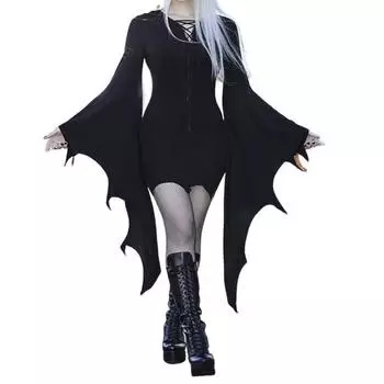 Женское платье на Хэллоуин на шнуровке Slim Fit Нерегулярные манжеты с рюшами и рукавами-колокольчиками с вырезом вокруг шеи Сплошной цвет Вампиры Косплей Производительность Макси-платье 3XL