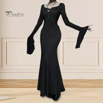 Женское платье на Хэллоуин, облегающее платье с рыбьим хвостом, нерегулярные манжеты с рюшами и рукавами-колокольчиками, U-образный вырез, сплошное цветное платье макси для косплея L чёрный