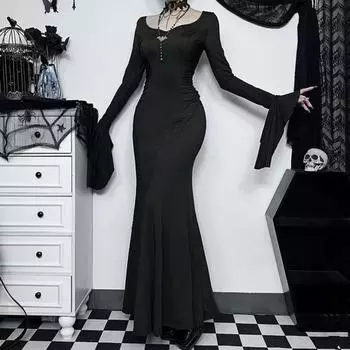 Женское платье на Хэллоуин, облегающее платье с рыбьим хвостом, нерегулярные манжеты с рюшами и рукавами-колокольчиками, U-образный вырез, сплошное цветное платье макси для косплея L чёрный