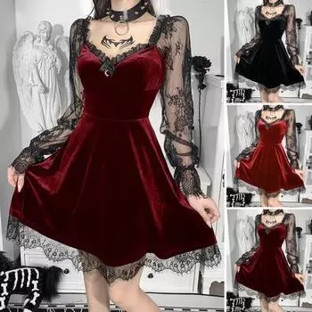 Женское платье на Хэллоуин, прозрачное кружевное платье с цветочной вышивкой, подходящее по цвету V-образным вырезом, трапециевидной формы с длинными рукавами и рогами, винтажное карнавальное мини-платье для косплея M вино красного