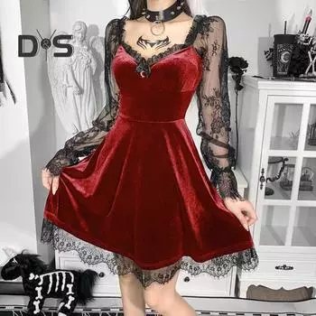 Женское платье на Хэллоуин, прозрачное кружевное платье с цветочной вышивкой, соответствующее цвету, V-образный вырез, трапециевидной формы с длинными рукавами и рогами, винтажный карнавал, косплей, производительность, мини M вино красного