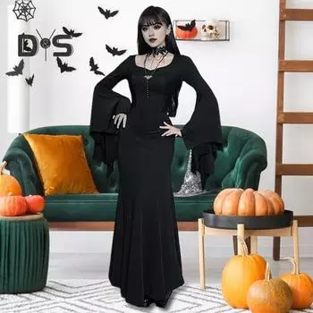 Женское платье на Хэллоуин с подолом «рыбий хвост» Slim Fit Нерегулярные манжеты с рюшами и рукавами «летучая мышь» Готическое платье с круглым вырезом Сплошной цвет Косплей Производительность Макси-платье S чёрный