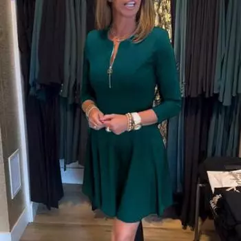 Женское платье на молнии с круглым вырезом, однотонное, с длинными рукавами, трапециевидной формы, с большими качелями, облегающее, мягкое, дышащее, длиной выше колена, мини-платье 2XL зелёный