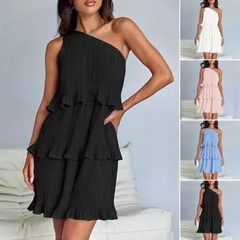 Женское платье на одно плечо, без рукавов, с рюшами, многослойное, плиссированное, однотонное, свободное, трапециевидное, для пляжной вечеринки XL небесно-голубой