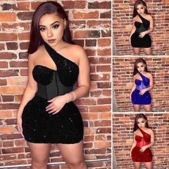 Женское платье на одно плечо, блестящая прозрачная сетка с блестками, лоскутное платье с наклонной шеей, без рукавов, с открытой спиной 2XL красный