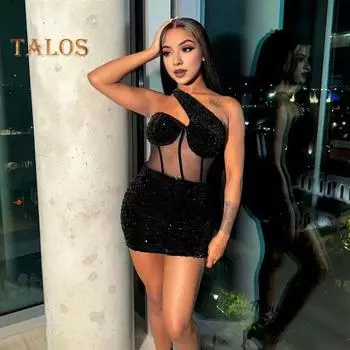 Женское платье на одно плечо, блестящая прозрачная сетка с пайетками, лоскутное платье с наклонной шеей, без рукавов, с открытой спиной, облегающее мини-платье для клубной коктейльной вечеринки, выпускного вечера XL чёрный