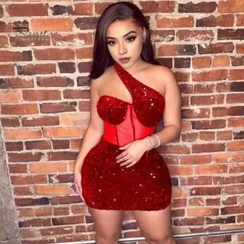 Женское платье на одно плечо, блестящая прозрачная сетка с пайетками, лоскутное платье с наклонной шеей, без рукавов, с открытой спиной, облегающее мини-платье для клубной коктейльной вечеринки, выпускного вечера XL чёрный