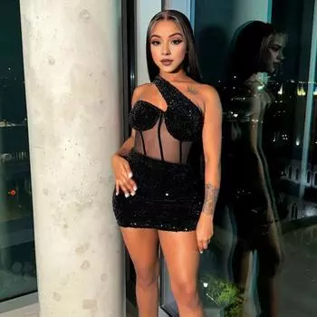 Женское платье на одно плечо, блестящая прозрачная сетка с пайетками, лоскутное платье с наклонной шеей, без рукавов, с открытой спиной, облегающее мини-платье для клубной коктейльной вечеринки, выпускного вечера 2XL синий