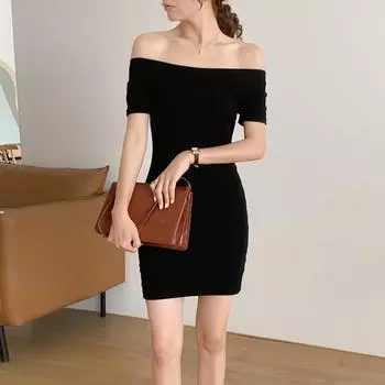 Женское платье на одно плечо с короткими рукавами, элегантное платье с сумкой на бедрах, короткое летнее платье S чёрный