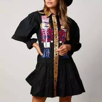 Женское платье на осень-весну с блестками, в стиле пэчворк, А-силуэт, с длинными рукавами, лацканами, с рисунком из мультфильмов, свободное мини-платье длиной до колена для новогодней вечеринки, Рождества S зелёный