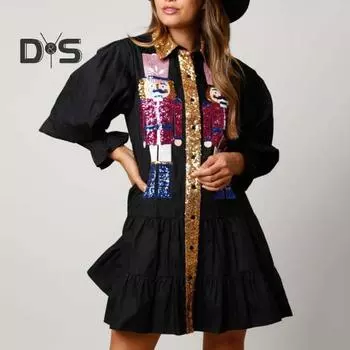 Женское платье на осень-весну с блестками, в стиле пэчворк, А-силуэт, с длинными рукавами, лацканами, с рисунком из мультфильмов, свободное мини-платье длиной до колена для новогодней вечеринки, Рождества S зелёный