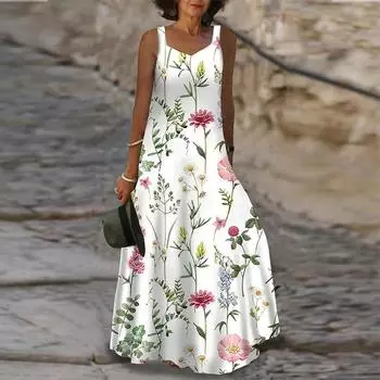 Женское платье на подтяжках Длинная длинная юбка макси, весеннее платье с цветочным принтом, весна/лето с v-образным вырезом Для отдыха XS белый
