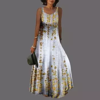 Женское платье на подтяжках Длинное платье макси с маленьким желтым цветочным принтом Платье, весна/лето с v-образным вырезом Свободный отдых XS белый