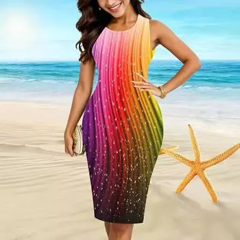 Женское платье на подтяжках, летний принт, красочные линии, облегающий приталенный крой без рукавов, сексуальный и модный топ XS зелёный