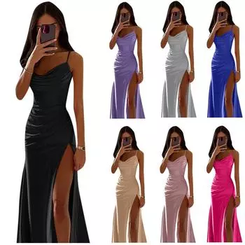 Женское платье на подтяжках, на груди, термоусадочное плиссированное платье с разрезом, юбка, сексуальная тонкая сумка, платье на ягодицах L синий