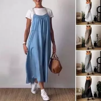 Женское платье на подтяжках с низким вырезом, без рукавов, с открытой спиной, трапециевидной формы в богемном стиле, чистый цвет, большие плиссированные боковые карманы S чёрный