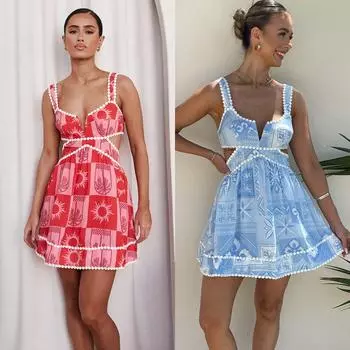 Женское платье на подтяжках с принтом и кружевной отделкой, открытая талия, сексуальное, стройное, женское S красный