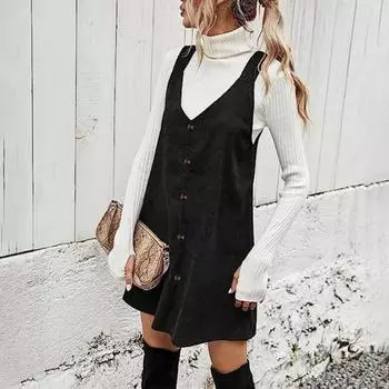 Женское платье на подтяжках с V-образным вырезом и декором из пуговиц, свободное, без рукавов, чистого цвета, А-силуэта S коричневый