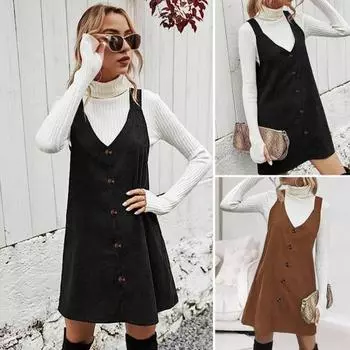 Женское платье на подтяжках с V-образным вырезом и пуговицами, свободное, без рукавов, чистое, А-силуэт, милое мини-платье для школы, свиданий, поездок на работу S чёрный