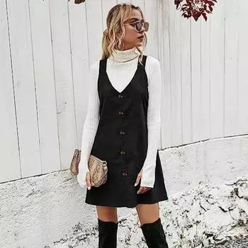Женское платье на подтяжках с V-образным вырезом и пуговицами, свободное, без рукавов, чистое, А-силуэт, милое мини-платье для школы, свиданий, поездок на работу S коричневый
