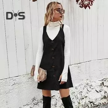 Женское платье на подтяжках с V-образным вырезом и пуговицами, свободное, без рукавов, чистое, А-силуэт, милое мини-платье для школы, свиданий, поездок на работу S коричневый