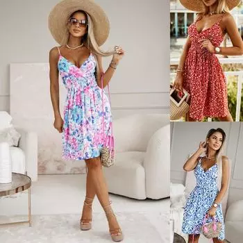 Женское платье на подтяжках с V-образным вырезом, модная летняя новая юбка без рукавов с принтом S синий