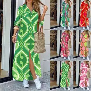 Женское платье на пуговицах, повседневные платья макси с длинным рукавом, свободное платье-рубашка с принтом S