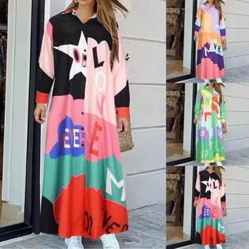 Женское платье на пуговицах, повседневные платья макси с длинным рукавом, свободное платье-рубашка с принтом L розовый