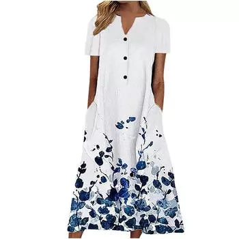Женское платье на пуговицах с цветочным карманом и коротким рукавом с V-образным вырезом, повседневное свободное платье XXL