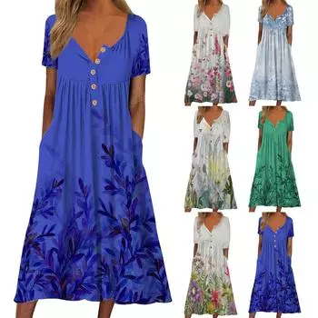 Женское платье на пуговицах с цветочным карманом и коротким рукавом с V-образным вырезом, повседневное свободное платье L