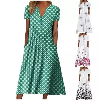 Женское платье на пуговицах с цветочным карманом и коротким рукавом с V-образным вырезом, повседневное свободное платье S белый