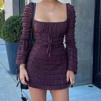 Женское платье на шнуровке с бантом и длинными рукавами, тонкое платье-кекс с высокой талией и низким воротником, женское летнее уличное повседневное облегающее платье, отпускные платья, женские платья S коричневый