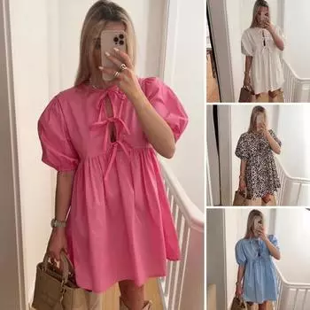 Женское платье на шнуровке с бантом, декором, круглым вырезом, леопардовым принтом, короткими пышными рукавами, однотонное S