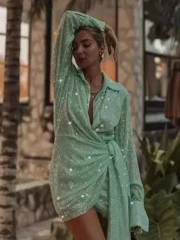 Женское платье на шнуровке с блестками, элегантное женское платье-рубашка с длинным рукавом, трикотажное тонкое женское платье с отложным воротником S чёрный