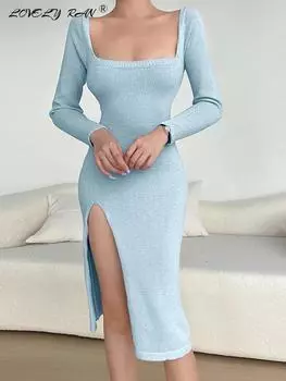 Женское платье на шнуровке с открытой спиной и квадратным воротником, элегантное тонкое женское платье с разрезом по бокам, осенняя посылка на бедрах, женские платья S синий