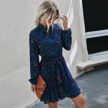 Женское платье на шнуровке с узкой талией и длинным рукавом с принтом воротник-стойка с длинным рукавом трапециевидной формы с большим подолом в стиле пэчворк, женское вечернее мини-платье