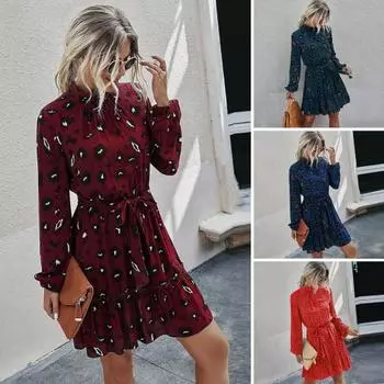 Женское платье на шнуровке с узкой талией и длинным рукавом с принтом воротник-стойка с длинным рукавом трапециевидной формы с большим подолом в стиле пэчворк, женское вечернее мини-платье