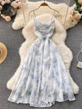 Женское платье на тонких бретельках с цветочным принтом, эластичное сексуальное платье с рюшами и открытой спиной, вечернее платье, летний пляжный сарафан в стиле бохо для отдыха S синий