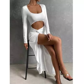 Женское платье на весну и осень с длинным рукавом и круглым вырезом, однотонное платье с разрезом на бедрах XS белый