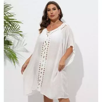 Женское платье-накидка большого размера, связанное вручную крючком с цветочным узором в стиле пэчворк, свободное пляжное бикини, наружное накидка One Size абрикосовый