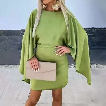 Женское платье Нерегулярные рукава с крыльями бабочки и круглым вырезом с высокой талией, однотонное платье для выпускного вечера, банкета, отпуска, летнего мини-платья XL чёрный