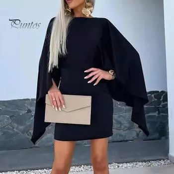 Женское платье Нерегулярные рукава с крыльями бабочки и круглым вырезом с высокой талией, однотонное платье для выпускного вечера, банкета, отпуска, летнего мини-платья XL чёрный