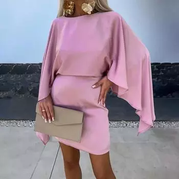 Женское платье Нерегулярные рукава с крыльями бабочки и круглым вырезом с высокой талией, однотонное платье для выпускного вечера, банкета, отпуска, летнего мини-платья XL чёрный