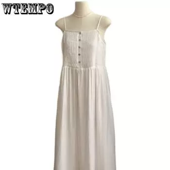 Женское платье Нишевое платье Полое кружевное платье с бретелькой на бретельках Однотонное плиссированное платье без рукавов размера плюс M белый