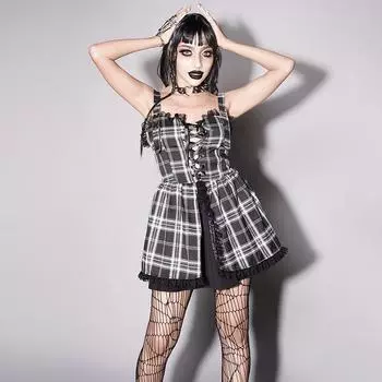 Женское платье, новое летнее платье в стиле Diablo, облегающее клетчатое платье на бретелях, женское модное платье S чёрный