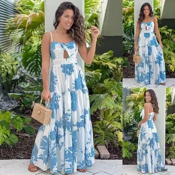 Женское платье новое печатное длинная юбка на подтяжках для поездок на работу длинная юбка на шнуровке для женщин S синий