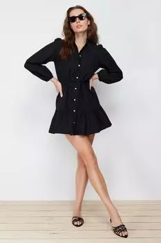 Женское платье, новое сезонное модное черное мини-тканое платье-рубашка с длинными рукавами и поясом