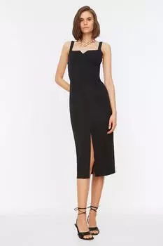 Женское платье, новый сезон, модное черное тканое платье миди с разрезом на бретельках